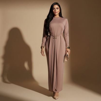 Vestido Largo para Mujer con Manga Larga y Detalle Ajustable en Cintura