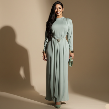 Vestido Largo para Mujer con Manga Larga y Detalle Ajustable en Cintura