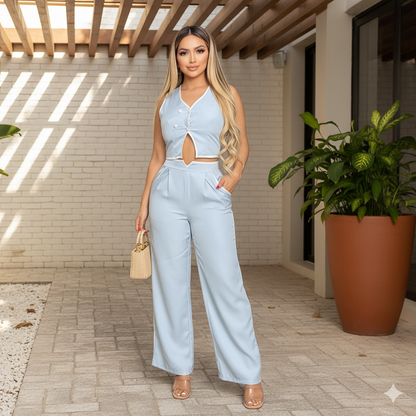 Conjunto elegante de dos piezas para mujer con top abotonado y pantalón recto
