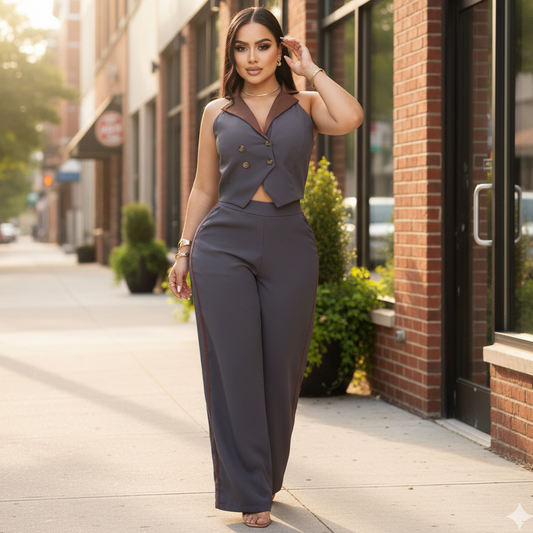 Conjunto elegante de chaleco y pantalón amplio