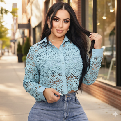 Blusa de encaje crop top manga larga para mujer elegancia casual