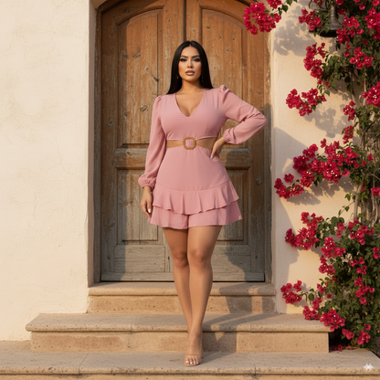 Enterizo short con escote en V y detalle de hebilla