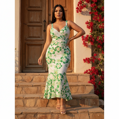 Vestido midi ajustado con tirantes y vuelo inferior