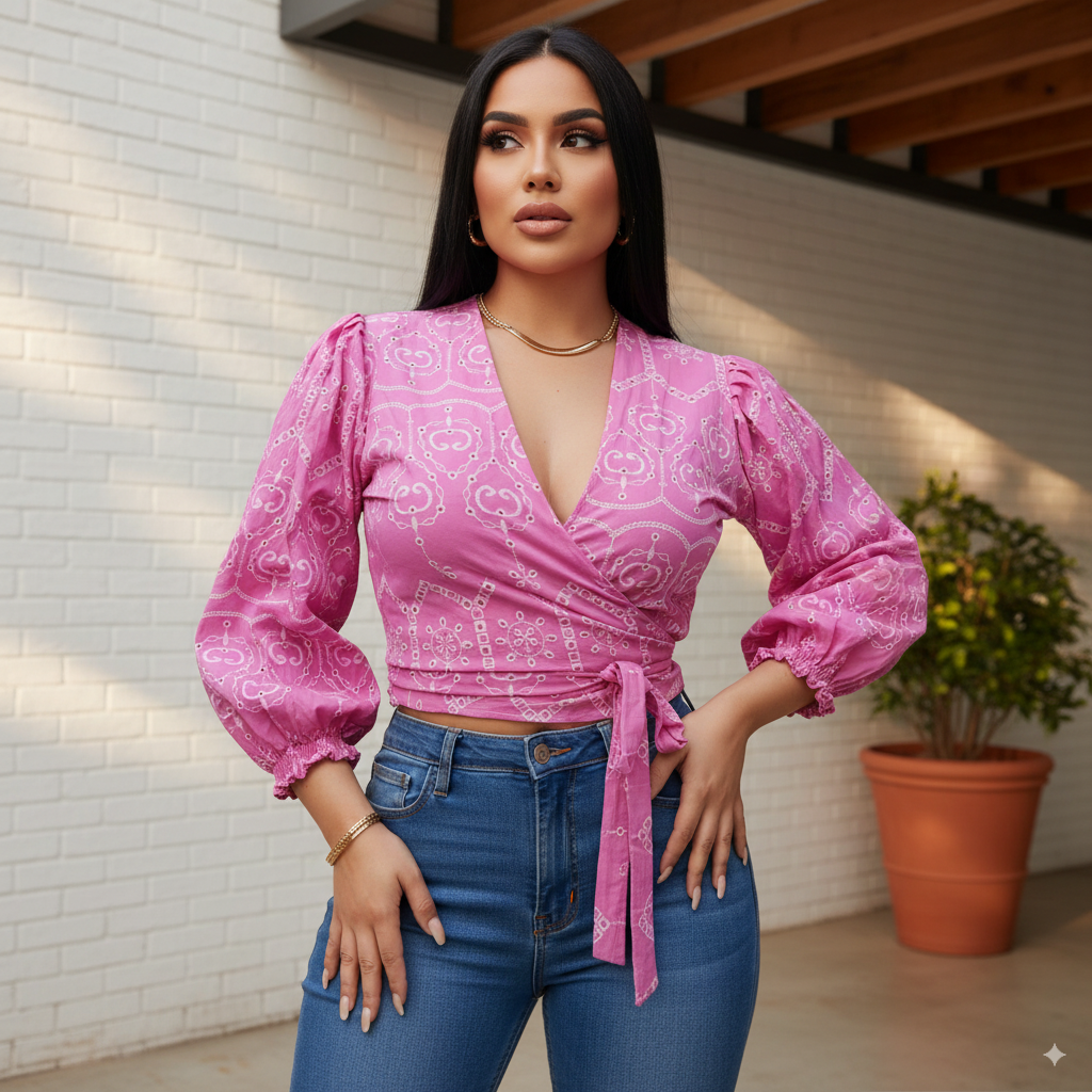 Blusa cruzada de ojalillo para mujer con mangas bombachas y amarre lateral