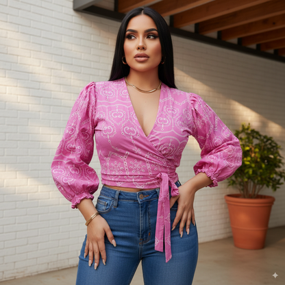 Blusa cruzada de ojalillo para mujer con mangas bombachas y amarre lateral