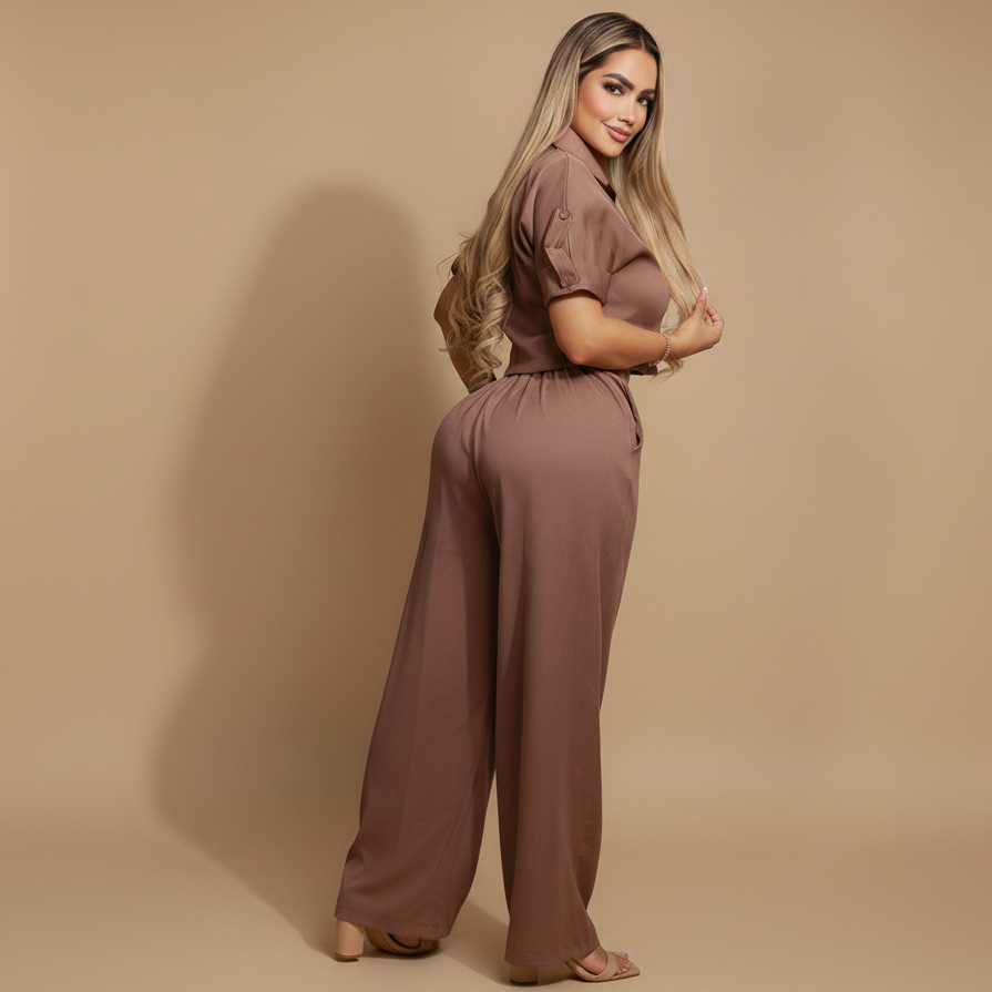 Conjunto femenino de top corto y pantalón largo recto