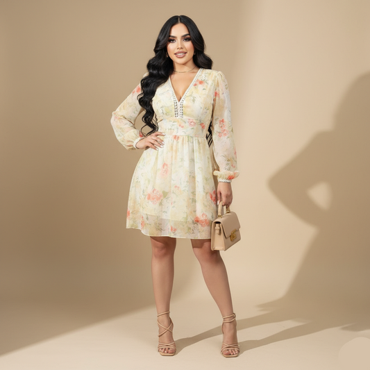 Vestido corto floral manga larga mujer elegante casual