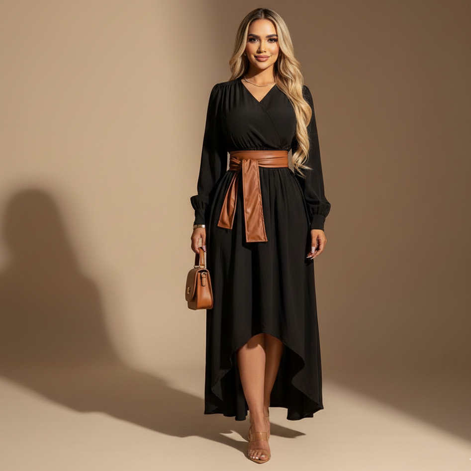 Vestido elegante de manga larga con corte cruzado