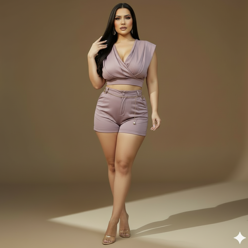 Conjunto Top Cruzado y Short de Tiro Alto