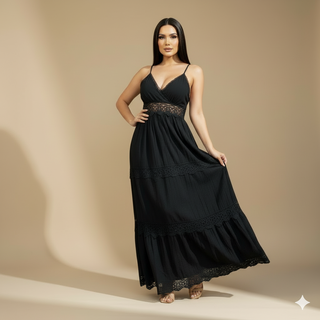 Vestido Largo Negro con Encaje y Tirantes Delgados para Mujer