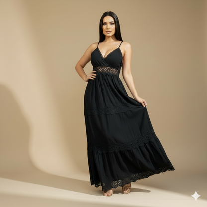 Vestido Largo Negro con Encaje y Tirantes Delgados para Mujer
