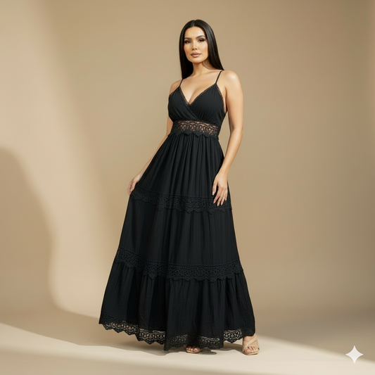 Vestido Largo Negro con Encaje y Tirantes Delgados para Mujer