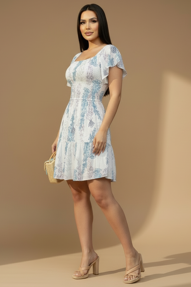 Vestido Corto Estampado para Mujer con Escote Cuadrado y Mangas Voladas