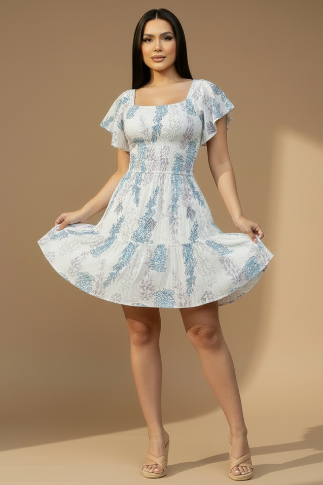 Vestido Corto Estampado para Mujer con Escote Cuadrado y Mangas Voladas