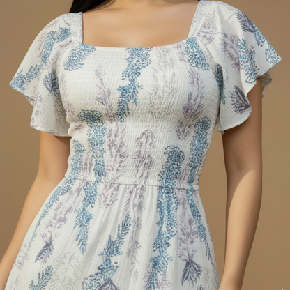 Vestido Corto Estampado para Mujer con Escote Cuadrado y Mangas Voladas