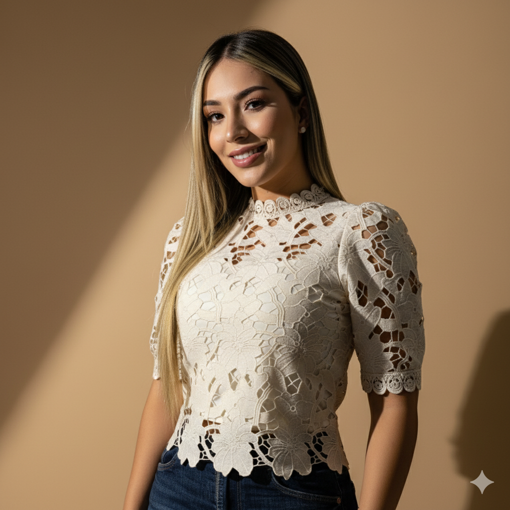 Blusa elegante de encaje para mujer con manga corta