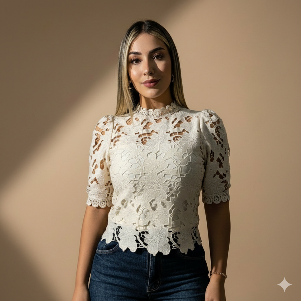Blusa elegante de encaje para mujer con manga corta