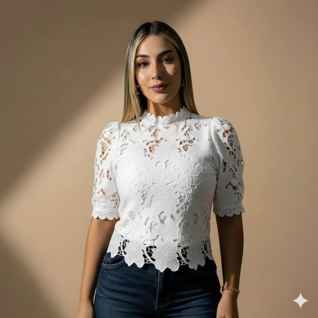 Blusa elegante de encaje para mujer con manga corta