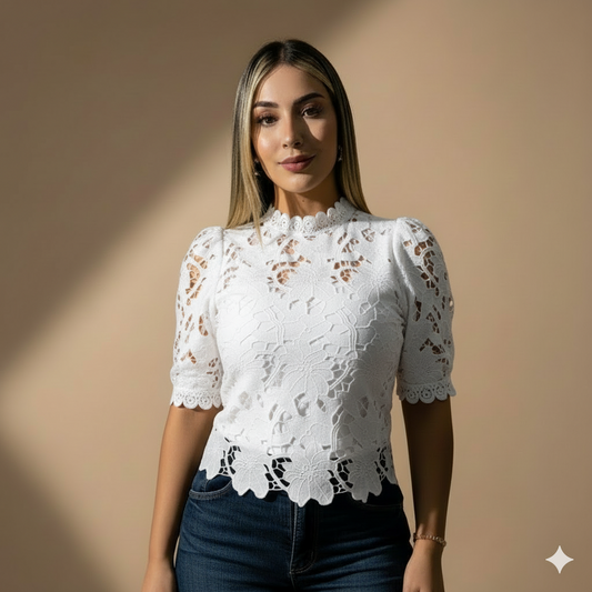 Blusa elegante de encaje para mujer con manga corta
