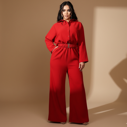 Enterizo palazzo para mujer con camisa manga larga y cinturón elegante