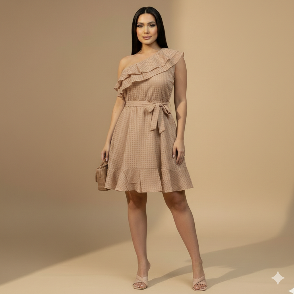 Vestido de Un Solo Hombro con Volantes y Cinturón
