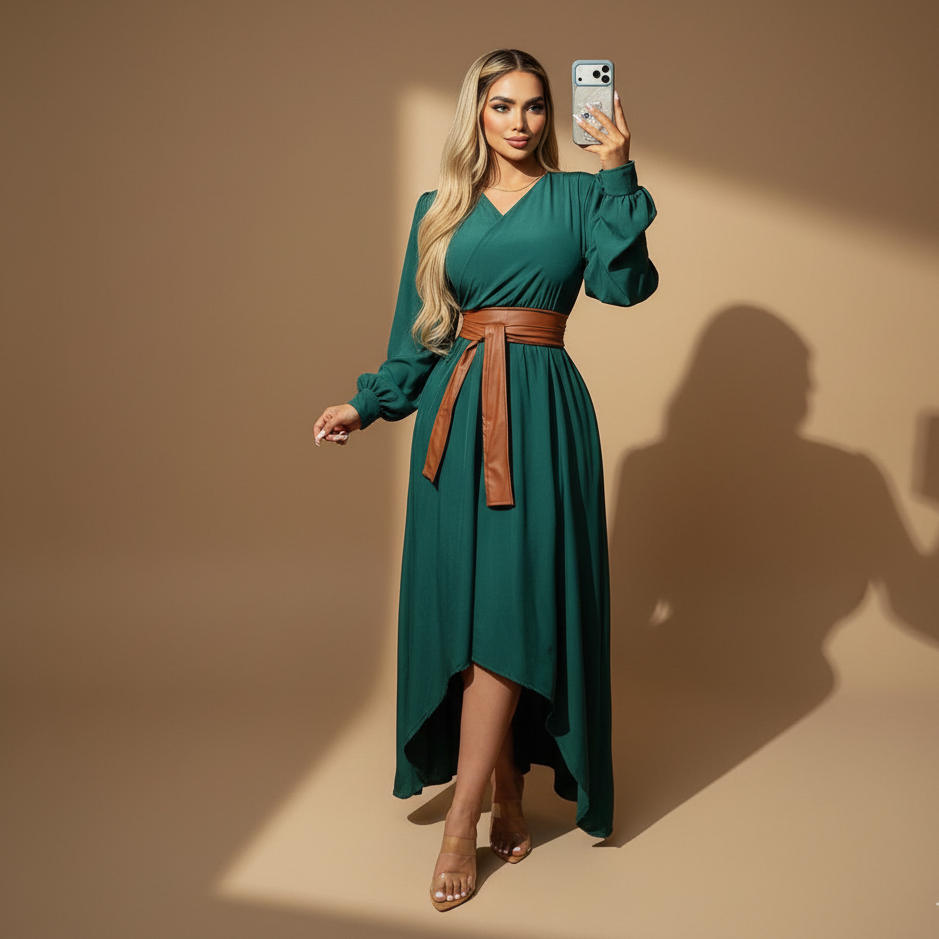 Vestido elegante de manga larga con corte cruzado