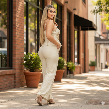 Conjunto elegante con top peplum y pantalón ancho