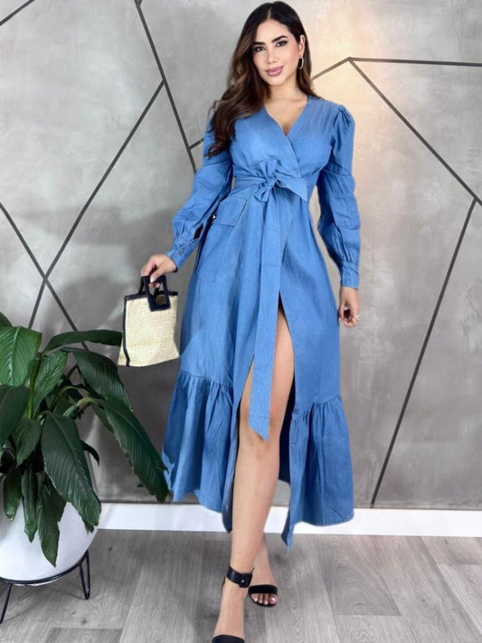 vestido largo chambray cinturón