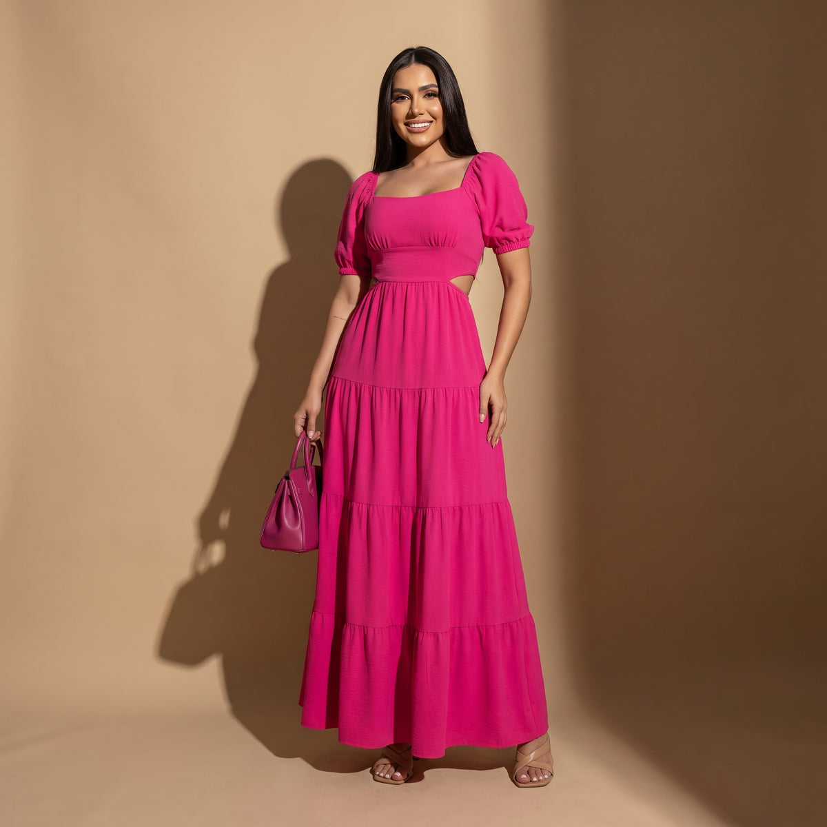 Vestido Largo con Escote Cuadrado, Mangas Abullonadas y Aberturas Laterales