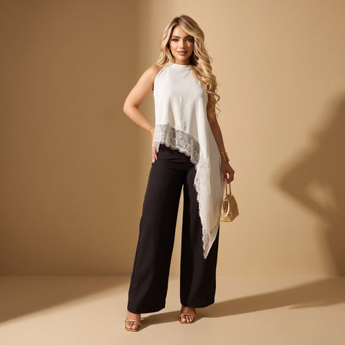Blusa Satén Sisa Asimétrica con Detalle en Blonda