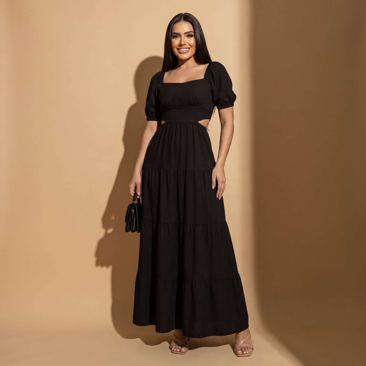 Vestido Largo con Escote Cuadrado, Mangas Abullonadas y Aberturas Laterales