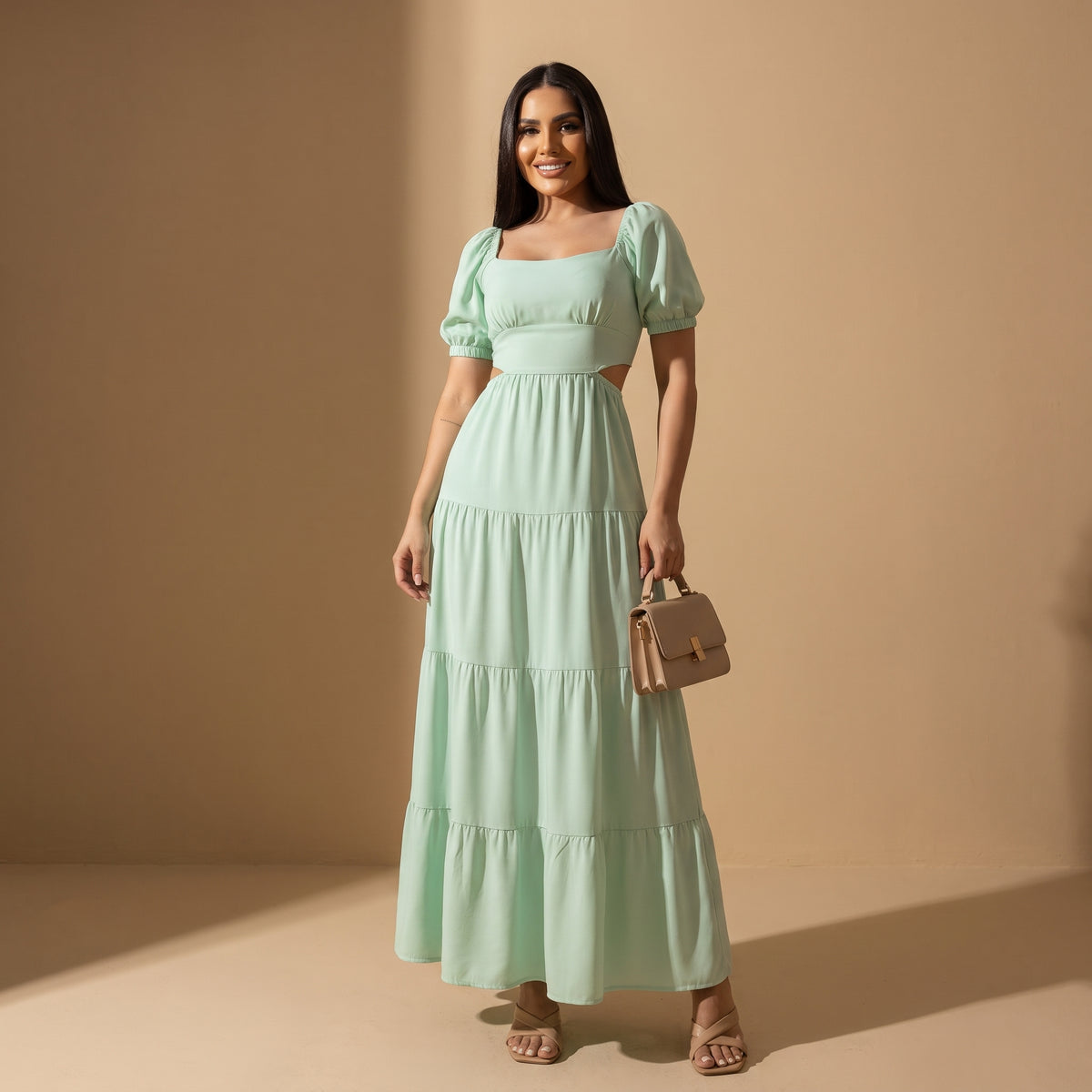 Vestido Largo con Escote Cuadrado, Mangas Abullonadas y Aberturas Laterales