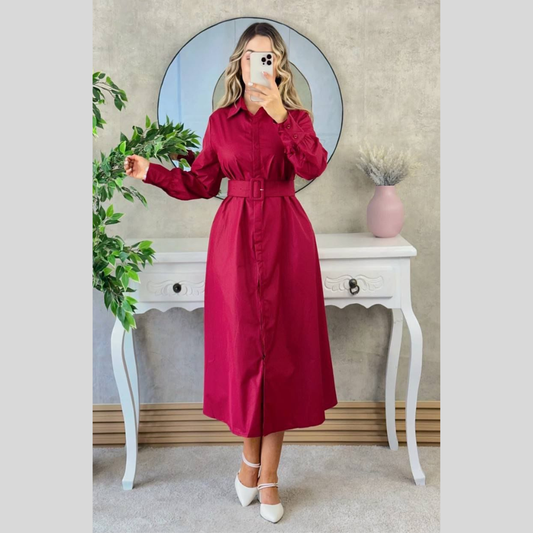 Vestido camisero largo vino tinto con cinturón y botones frontales