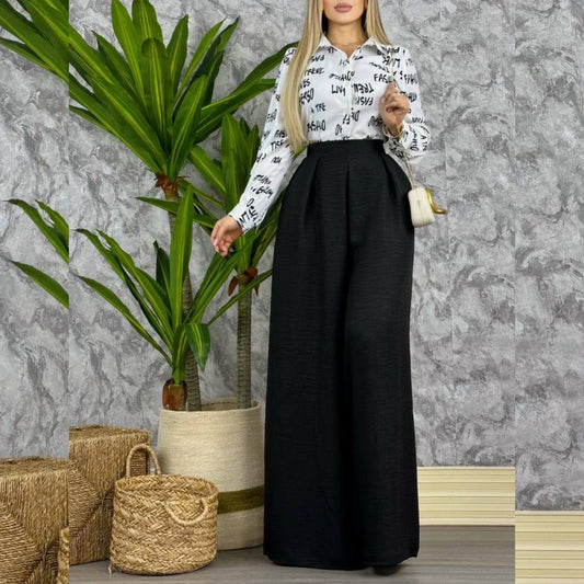 Conjunto de Dama Elegante con Blusa Estampada y Pantalón Palazzo