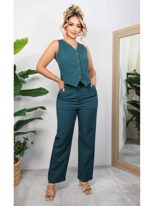 Conjunto pantalón y chaleco tipo sastre unicolor