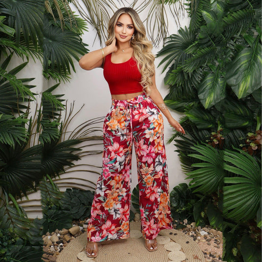 Conjunto de 2 Piezas Top Tejido Pantalón Palazzo Floral