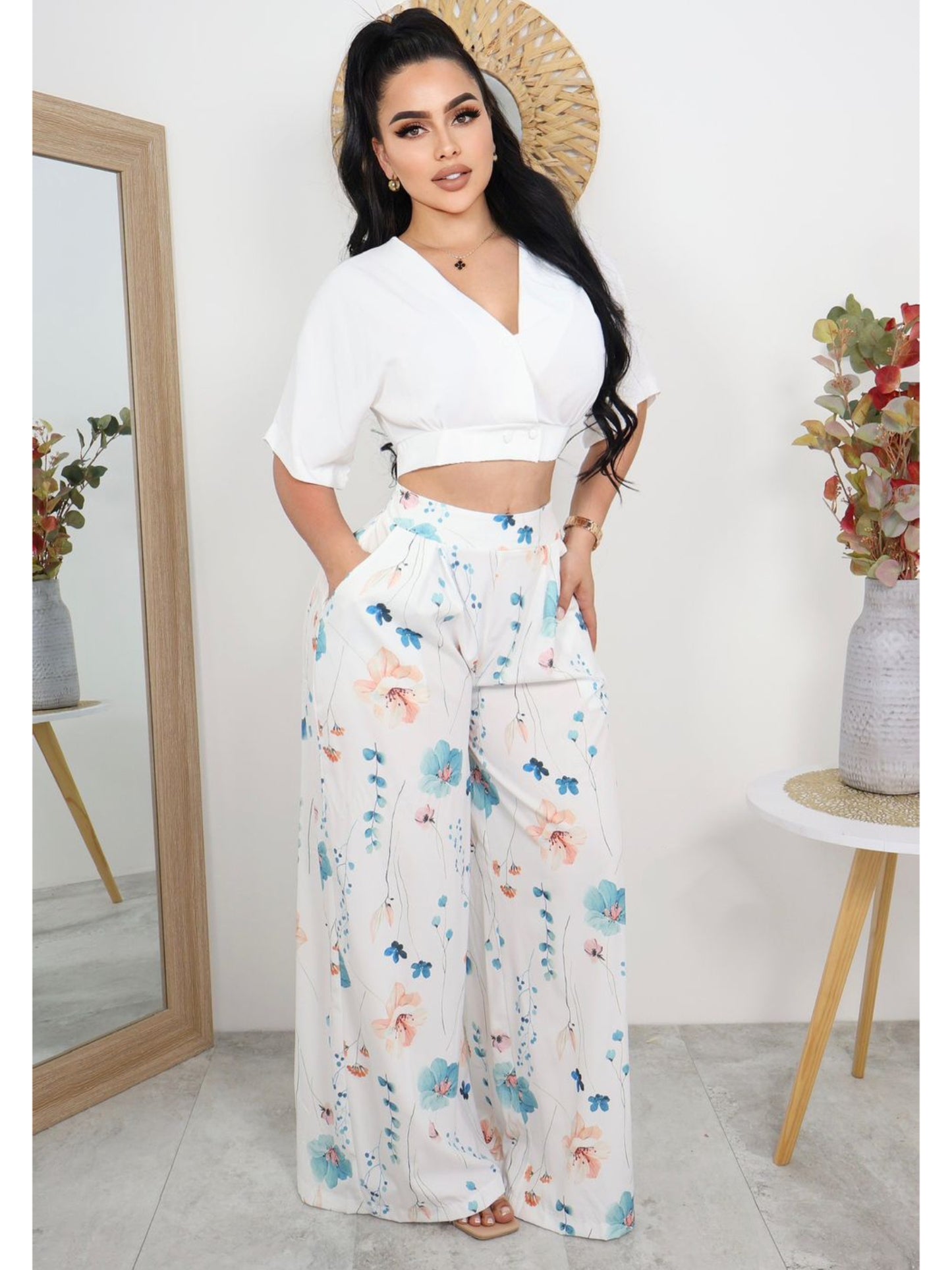 Conjunto de Blusa Crop y Pantalón Palazzo Estampado Floral Mujer