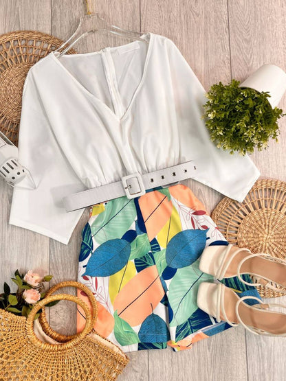 Conjunto short blusa unicolor y short estampado