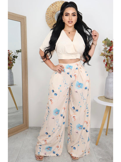 Conjunto de Blusa Crop y Pantalón Palazzo Estampado Floral Mujer