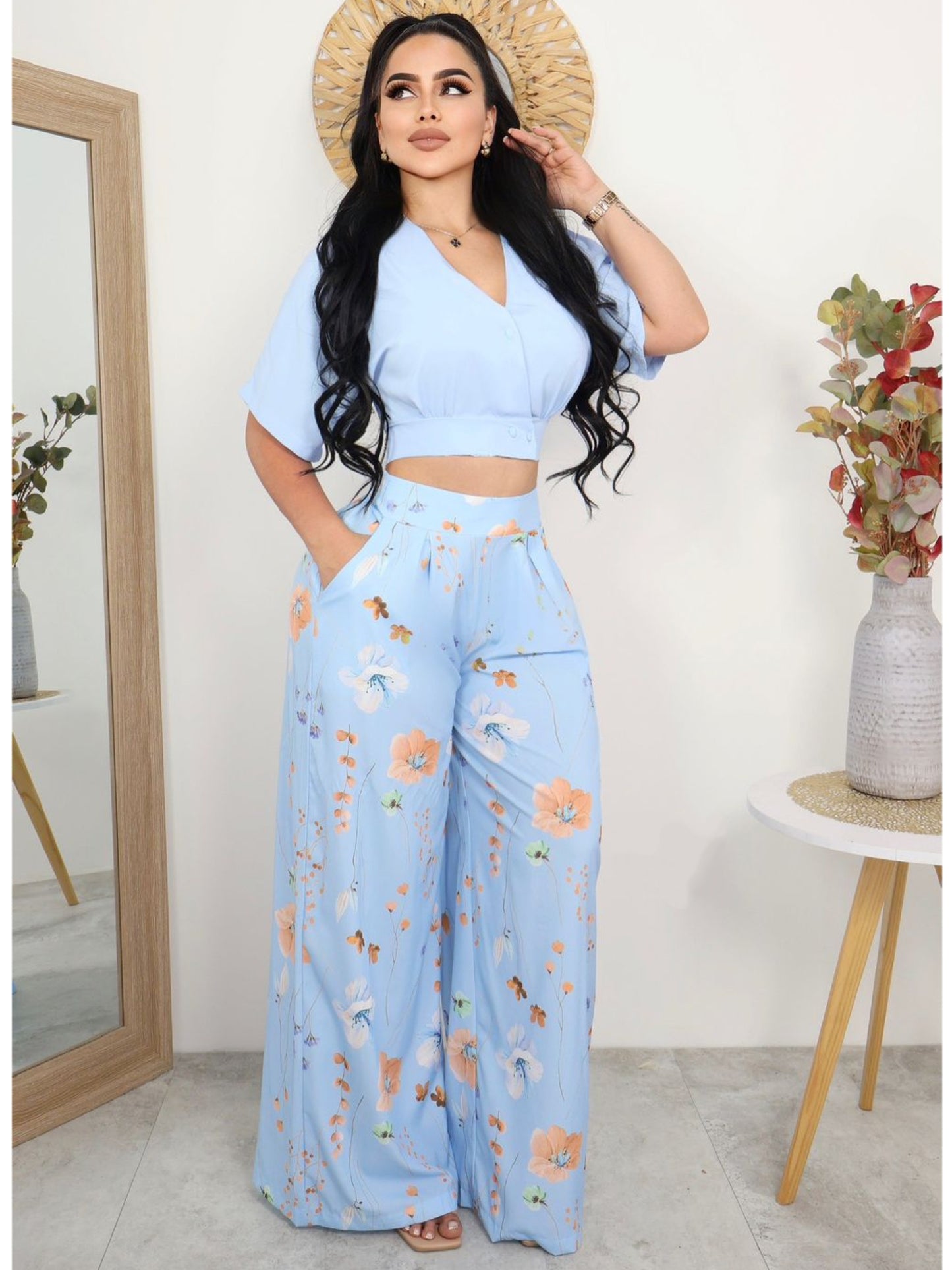 Conjunto de Blusa Crop y Pantalón Palazzo Estampado Floral Mujer