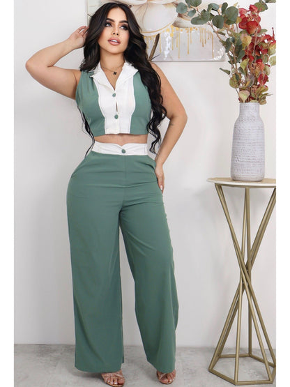 Conjunto Bicolor de 2 Piezas con Pantalón y Top sin Mangas