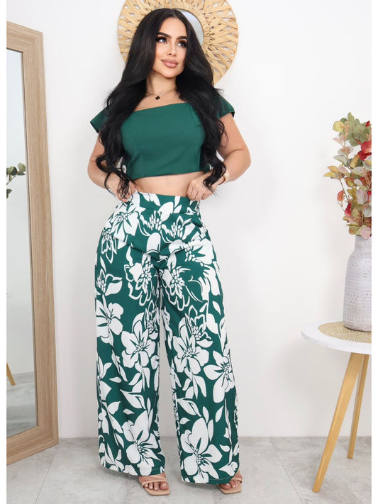 Conjunto Floral Dama de Dos Piezas – Blusa Manga Corta y Pantalón Palazzo Estampado