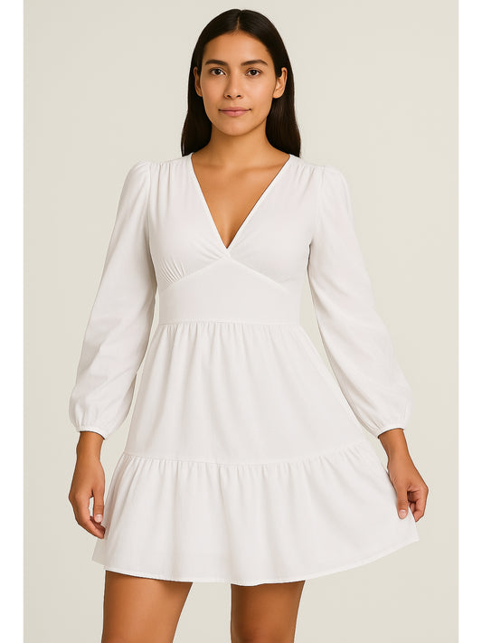Vestido Blanco Casual de Manga Larga con Escote en V con Estilo Romántico