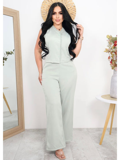 Conjunto Elegante de Dama sin Mangas – Blusa con Botones y Pantalón Palazzo