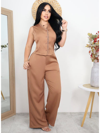 Conjunto Elegante de Dama sin Mangas – Blusa con Botones y Pantalón Palazzo