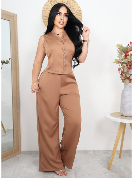 Conjunto Elegante de Dama sin Mangas – Blusa con Botones y Pantalón Palazzo