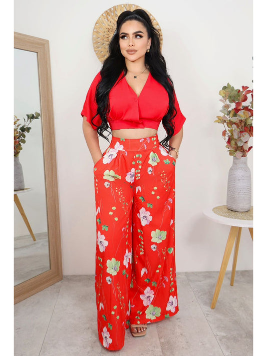 Conjunto de Blusa Crop y Pantalón Palazzo Estampado Floral Mujer