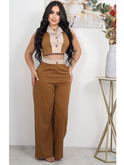 Conjunto Bicolor de 2 Piezas con Pantalón y Top sin Mangas