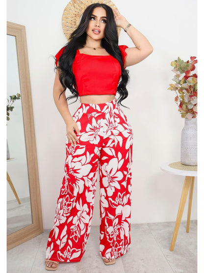 Conjunto Floral Dama de Dos Piezas – Blusa Manga Corta y Pantalón Palazzo Estampado