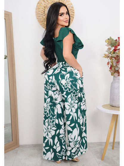 Conjunto Floral Dama de Dos Piezas – Blusa Manga Corta y Pantalón Palazzo Estampado
